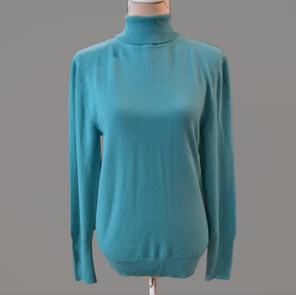 Merino‎ Wool Blend Made In Italy Blue Green Knit Turtleneck Womans 10 Old Money